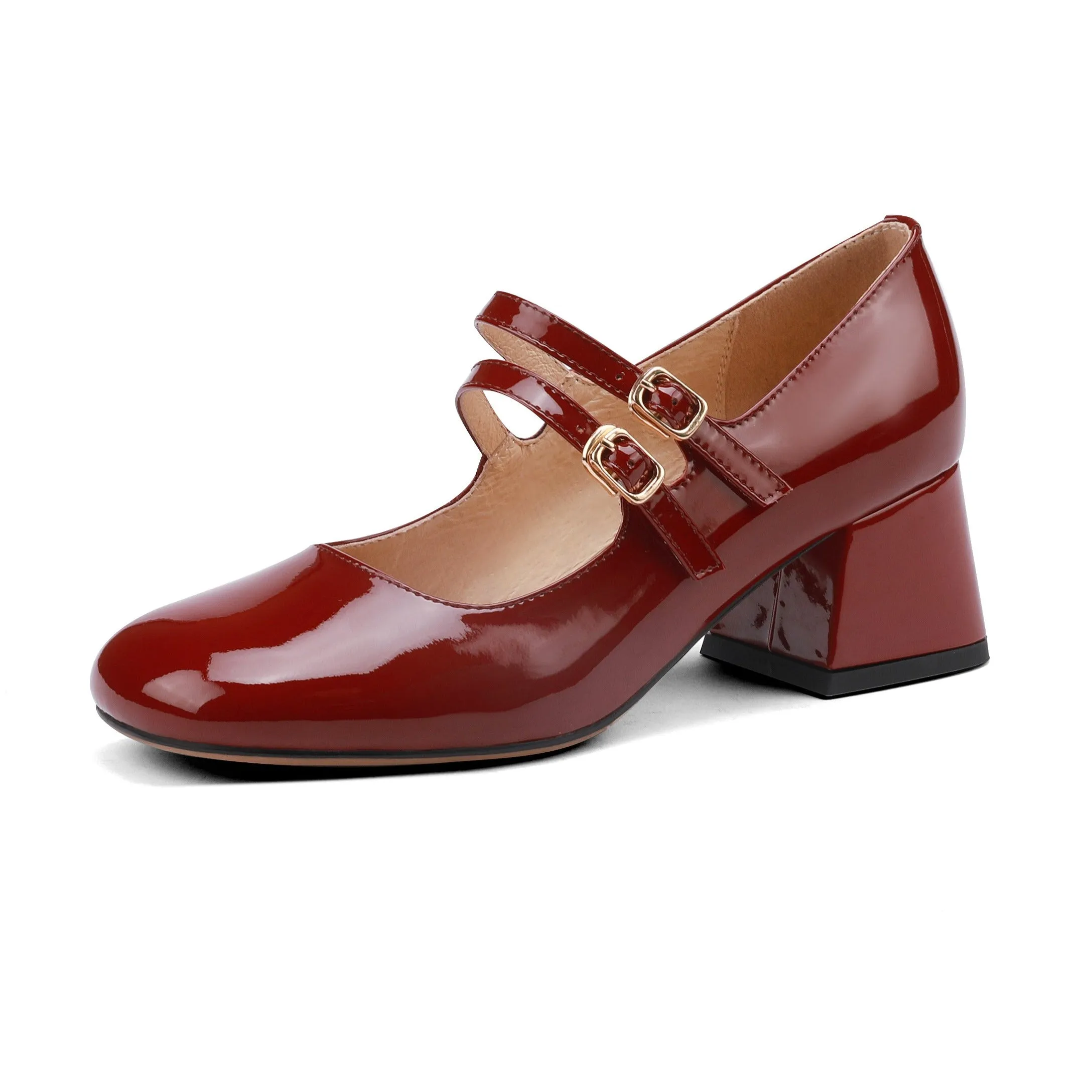 Womens Handmade Leather Square Toe Block Heels Mary Jane Shoes
