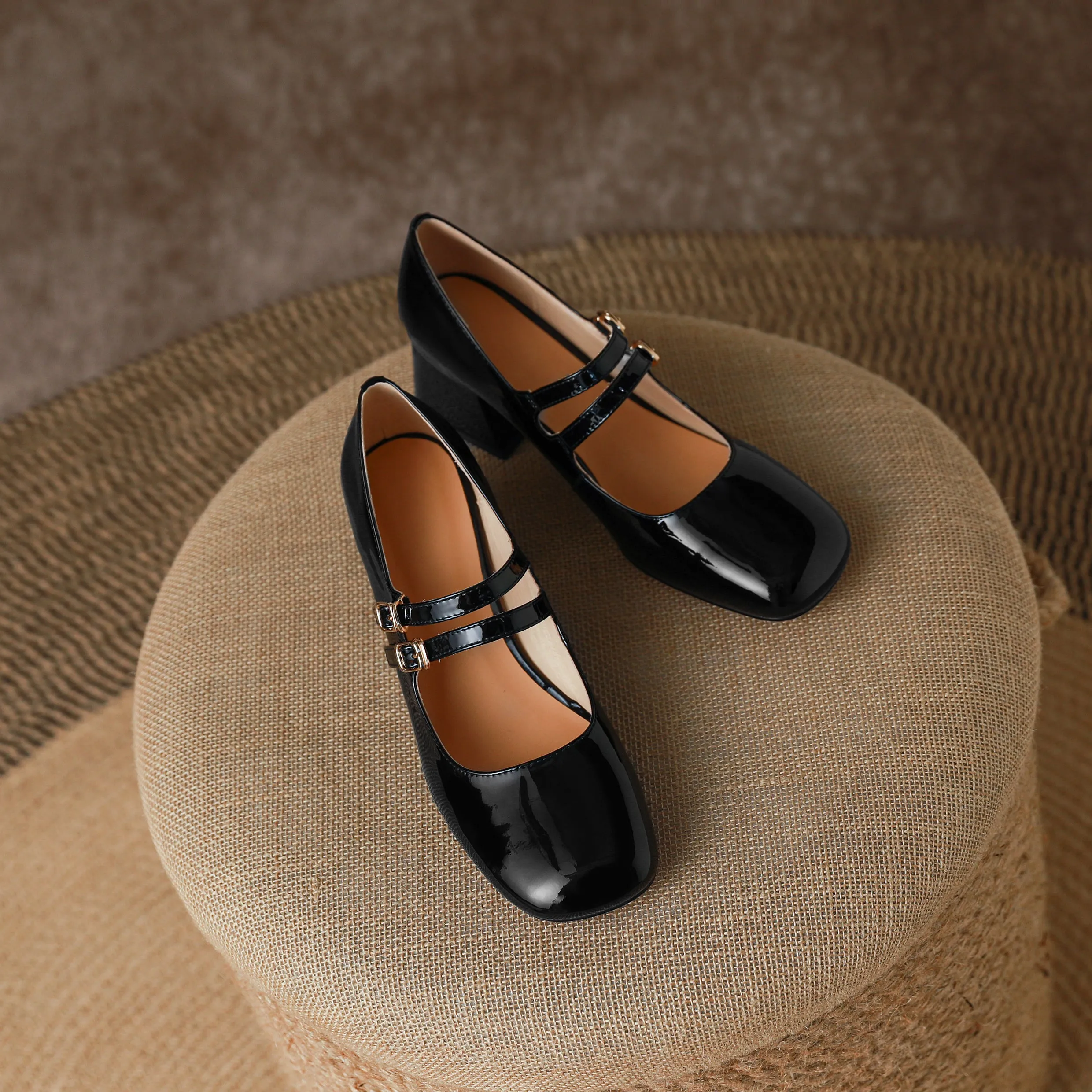 Womens Handmade Leather Square Toe Block Heels Mary Jane Shoes