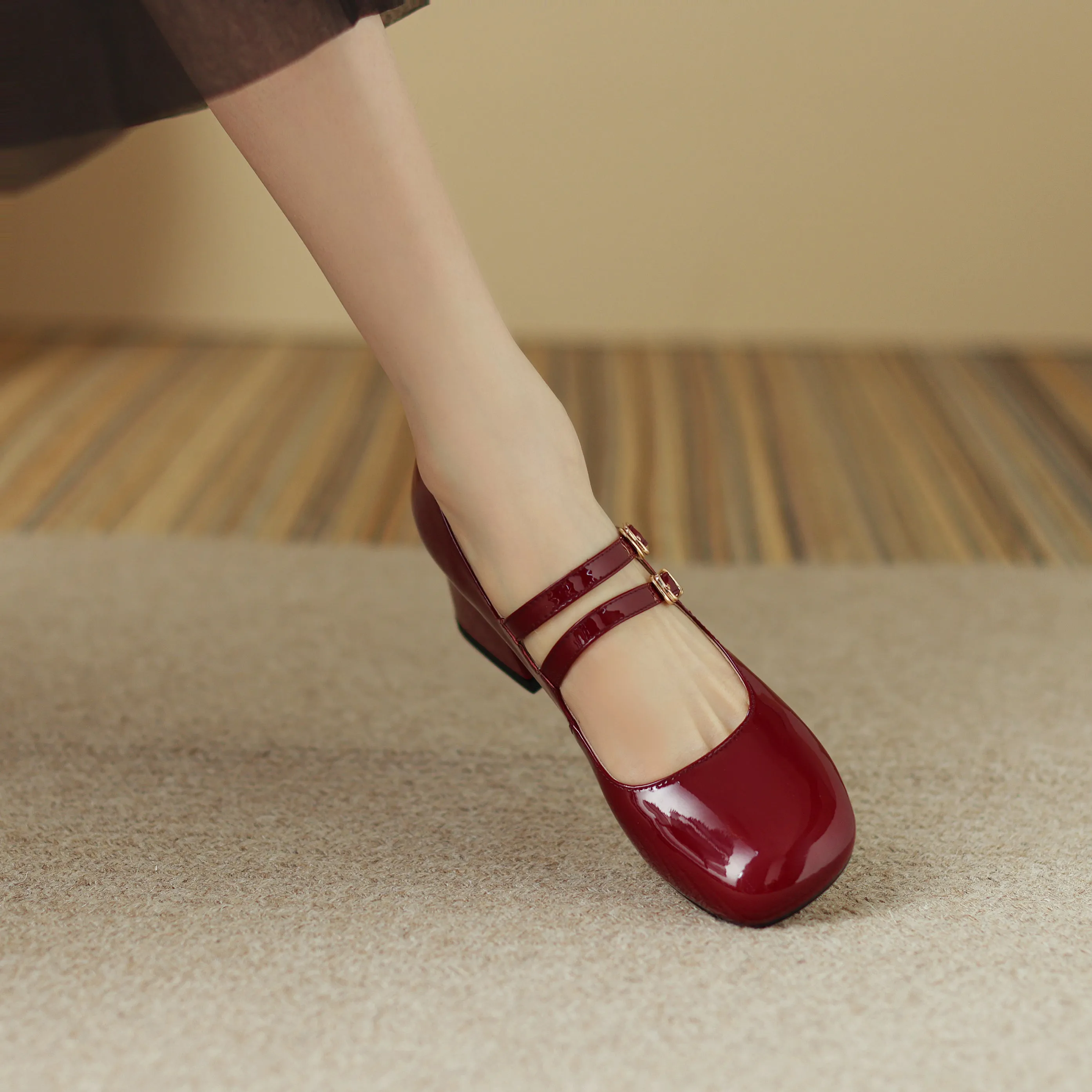 Womens Handmade Leather Square Toe Block Heels Mary Jane Shoes