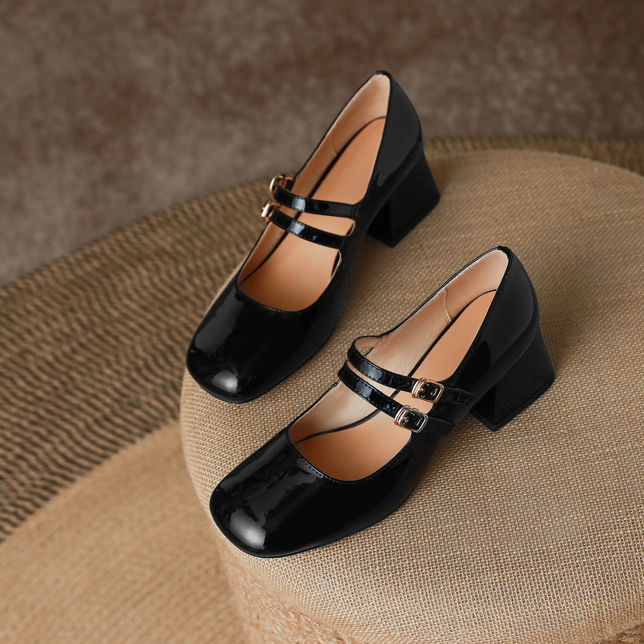 Womens Handmade Leather Square Toe Block Heels Mary Jane Shoes