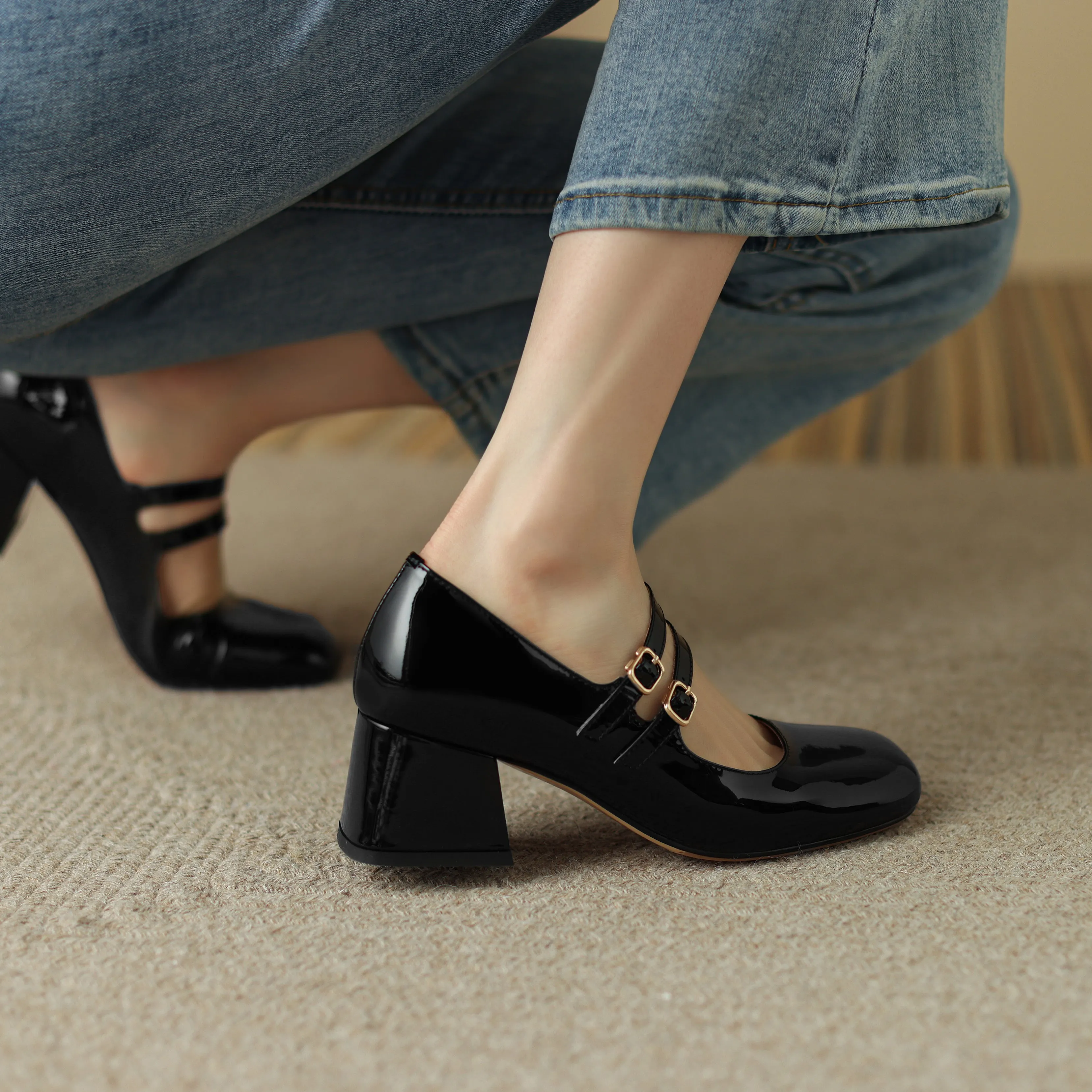 Womens Handmade Leather Square Toe Block Heels Mary Jane Shoes