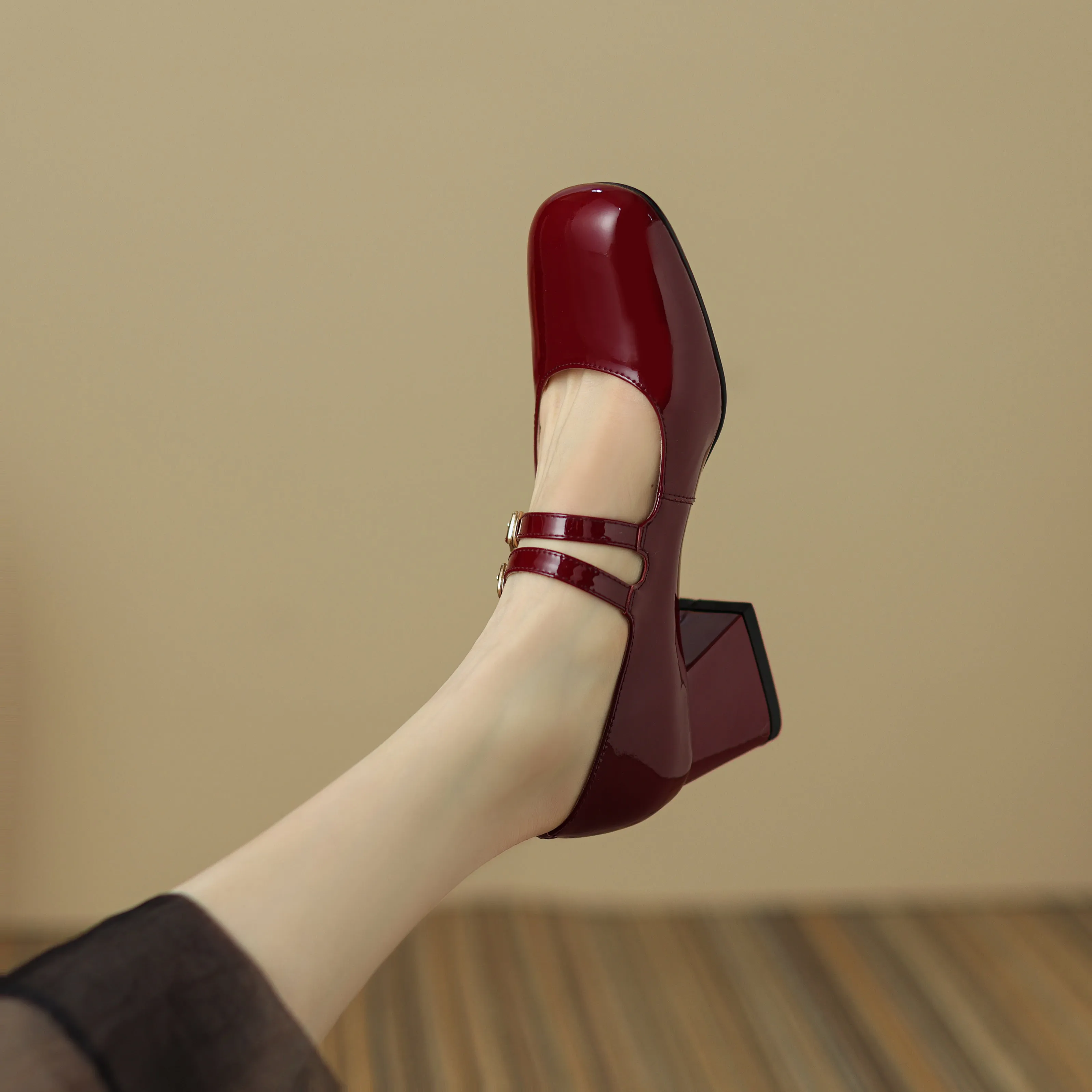 Womens Handmade Leather Square Toe Block Heels Mary Jane Shoes