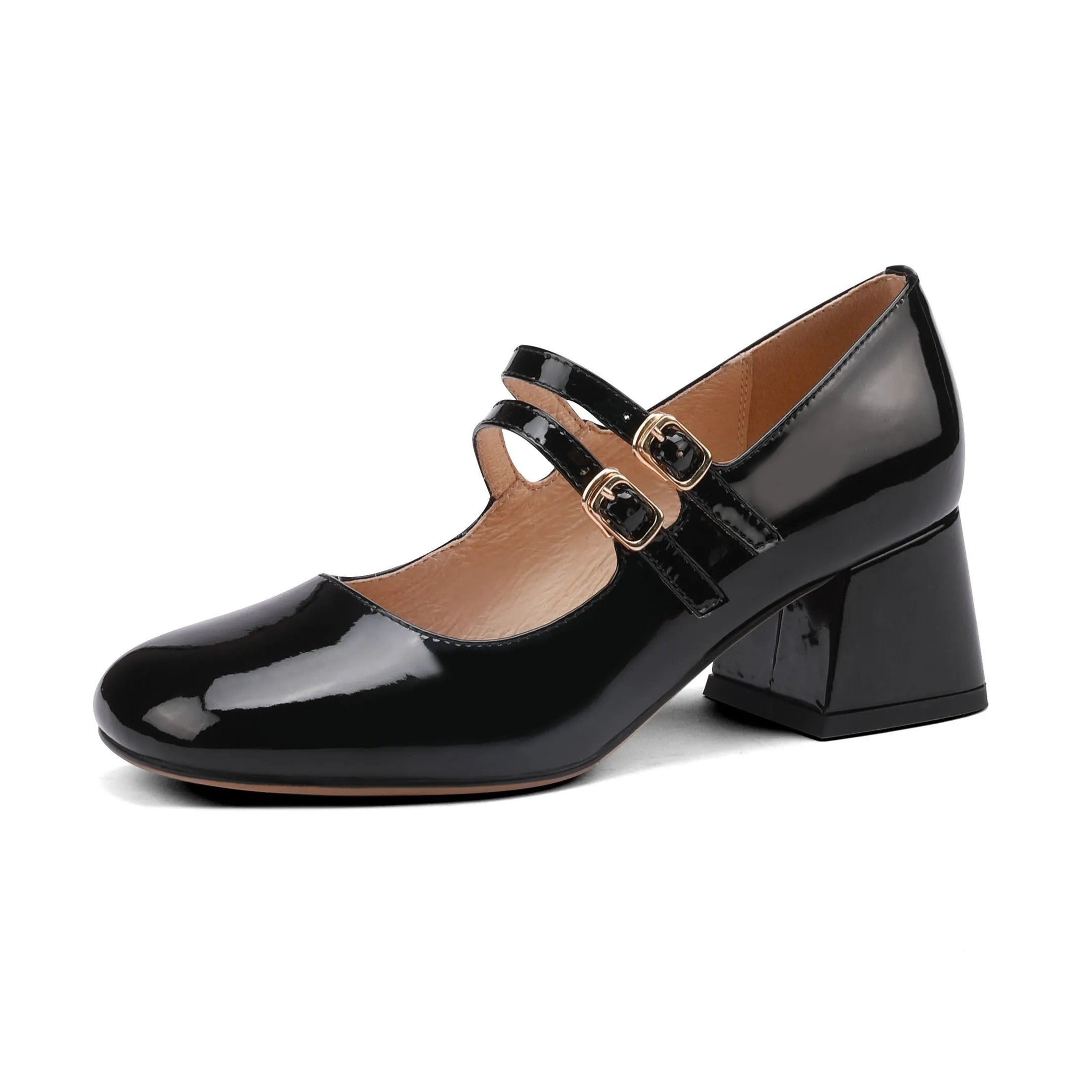 Womens Handmade Leather Square Toe Block Heels Mary Jane Shoes