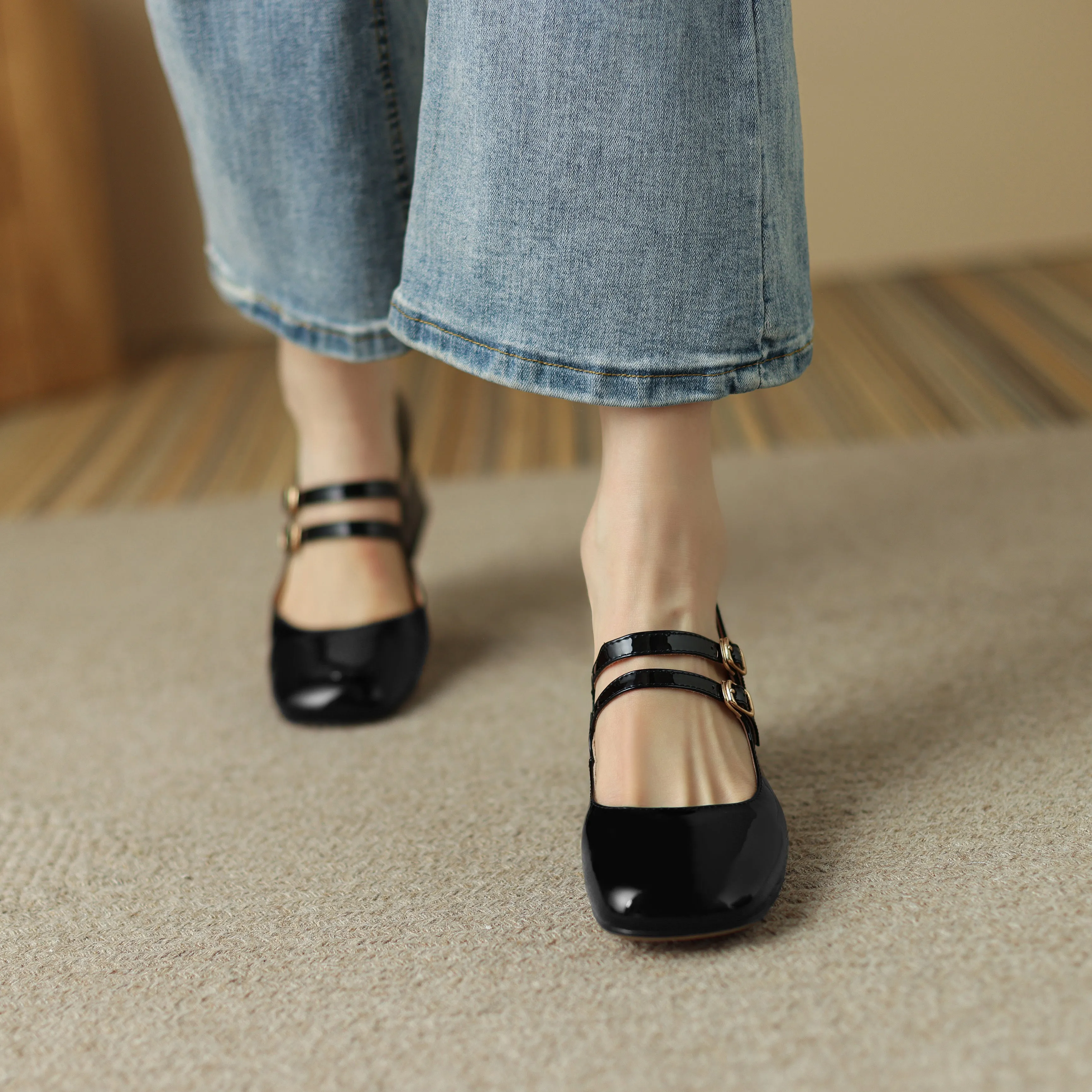 Womens Handmade Leather Square Toe Block Heels Mary Jane Shoes